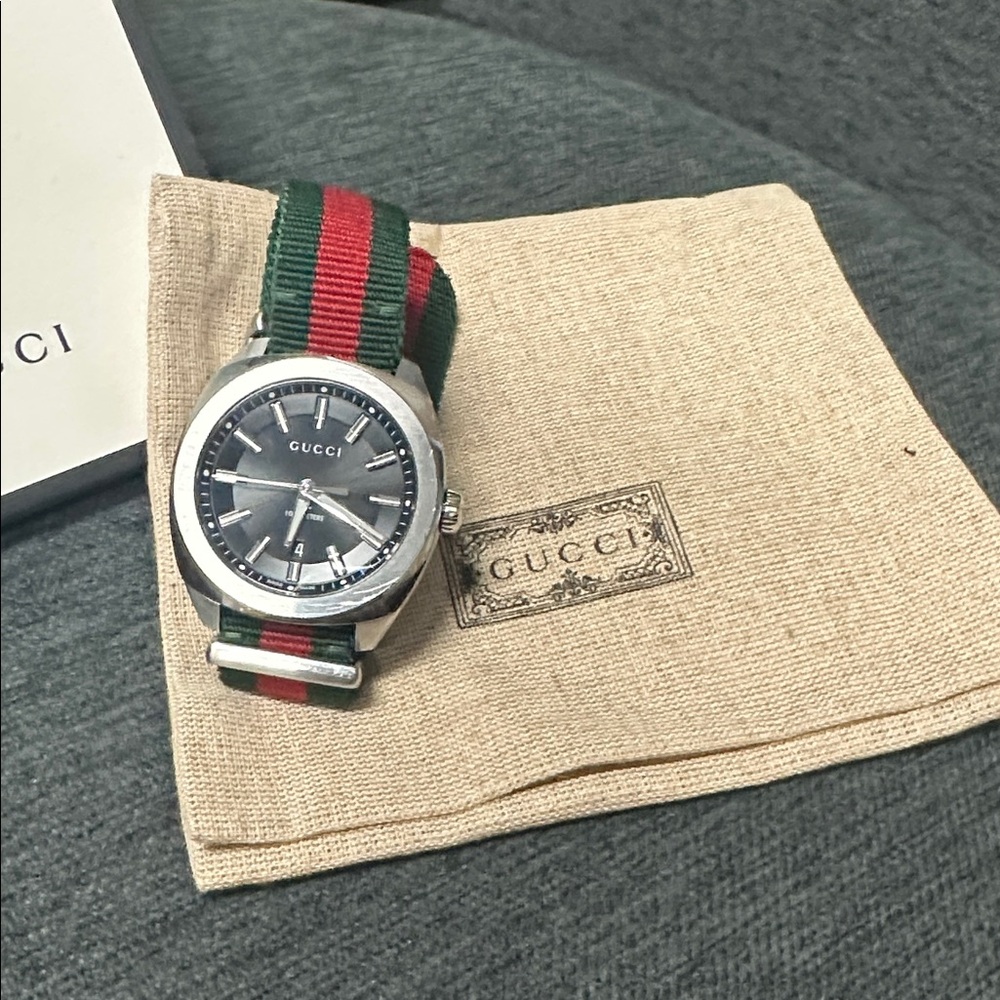 Gucci Black Dial Watch with Red and Green Striped Band